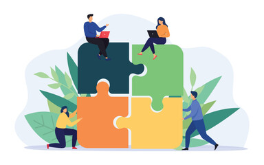 Business team putting together puzzle vector illustration. Teamwork and Partnership. Cartoon partners working in connection.  Vector illustration