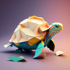 Wall Mural - White background, hyper sharp 3D turtle, paper origami, pastel colours