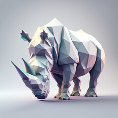 Wall Mural - White background, hyper sharp 3D rhino, paper origami, pastel colours