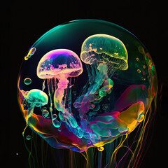 Jellyfish fluorescent colorfull illustration on dark background. AI generated picture. High quality photo