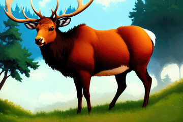 Wall Mural - Colorful magic elk in forest, cartoon style painting. Generative ai art illustration