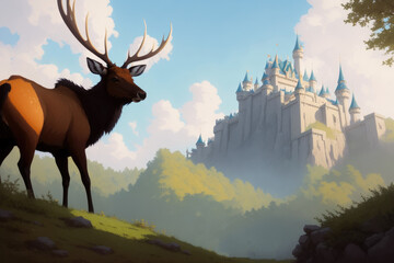 Wall Mural - Colorful magic elk in forest, cartoon style painting. Generative ai art illustration