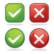 © aldonat - cartoon right and wrong 3D Button. A set of glossy round icons with a check mark, a sign of the cross. 3d minimalist style. Symbols of acceptance, rejection and attention. Vector illustration.