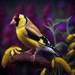 An American goldfinch resting on the old stem of a tree with light green colored like blurred background. The goldfinch is a highly colored finch with a bright red face and yellow wing patch.