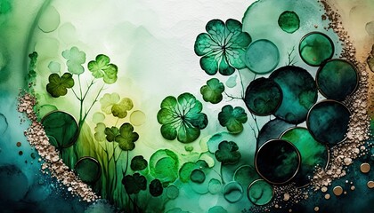 Wall Mural - Saint Patrick's Day Alcohol ink painting with Calm color palette: A Beautiful Unique Artistic Designer Wallpaper Background Template for Celebration Presentation, Ad, and all Purposes generative AI