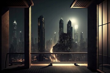 Wall Mural - night point of view from roof terrace with skyscrapers city rooftop view, created with generative ai