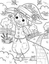 Give Thanks With A Scarecrow, Pumpkins, And Farm Elements. Hand-drawn Lines. Doodles Art For Thanksgiving. Coloring Book For Adults And Kids.
