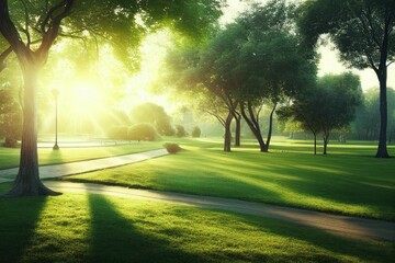 Wall Mural - Beautiful public park with green grass field on morning light Created with Generative AI technology.