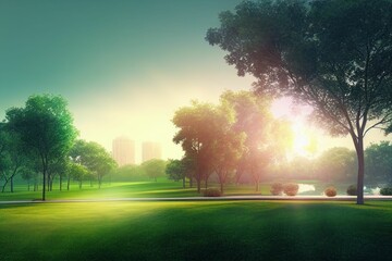 Wall Mural - Beautiful public park with green grass field on morning light Created with Generative AI technology.