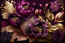 3D Flowers And Leaves Background Design In Plum, Fuchsia, Pink, Purple And Gold. A Luxurious Botanical Pattern For A Postcard, Invitation, Cosmetic, Beauty, Fashion, Banner, Template. Generated AI.