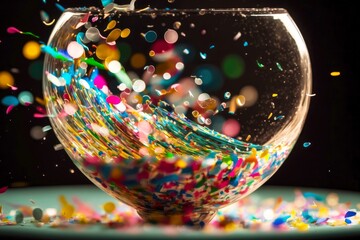 Sticker - a close-up of colorful confetti swirling in a glass bowl, ready to be used at a party., created with generative ai