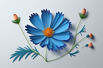 Wall Mural - 3d papercut Blue cosmos flower with white background