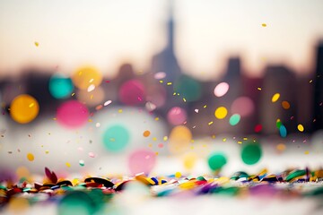 Poster - a close-up of colorful confetti on a white background, with a blurred city skyline in the background, created with generative ai