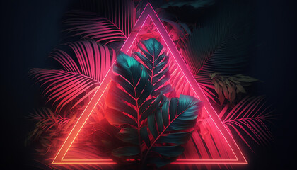 Stylized neon retro geometric shape with palm fronds and tropical plants. Created using generative AI.