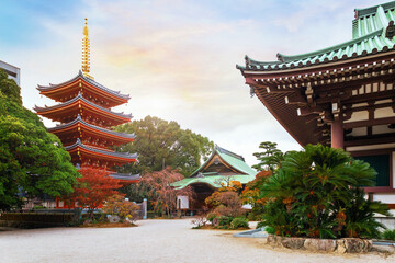 Sticker - Fukuoka, Japan - Nov 30 2022: Tochoji Temple located in Hakata district. First built by Kobo Daishi by the sea, moved to current place by Kuroda Tadayuki, designated a historical site by Fukuoka City