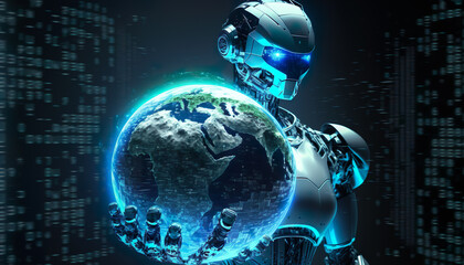 Canvas Print - Robot ai artificial intelligence with earth,world technology security system and business industry concepts.machine learning.ai generated images