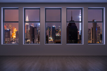 Empty room Interior Skyscrapers View Malaysia. Downtown Kuala Lumpur City Skyline Buildings from High Rise Window. Beautiful Expensive Real Estate overlooking. Night time. 3d rendering.