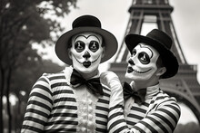 Two Black And White French Mimes Being Playful And Funny In Paris, France Near The Eiffel Tower, Dancing And Making Funny Faces