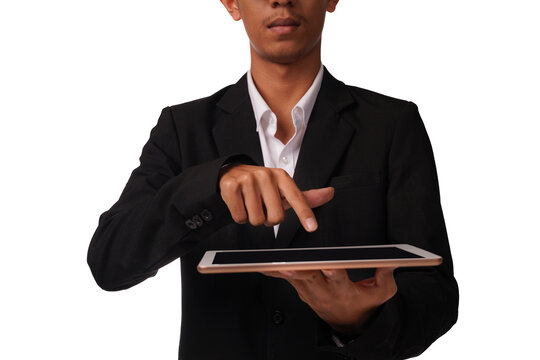 Fototapete - Young business man using digital tablet isolated on white background                            