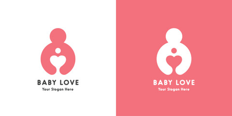 Baby Mother Love logo design illustration. Silhouette of Mother hugging baby in circle shape. Mommy pregnant simple flat design style