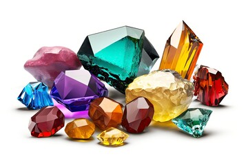 Sticker - group of medium-sized multicolored crystals isolated on white background, created with generative ai