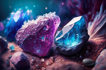 Sticker - magical purple and blue mineral stones with streaks of minerals on blurred background of crystals, created with generative ai