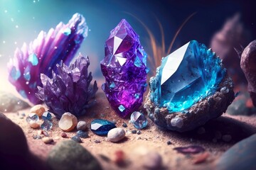 Canvas Print - magical purple and blue mineral stones with streaks of minerals on blurred background of crystals, created with generative ai