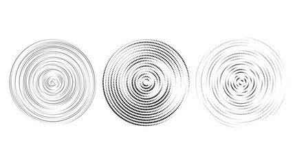Poster - Concentric halftone circles set. Dotted rings collection. Epicentre, target, radar icon concept. Sound wave, Radial signal, vibration or water elements. Vector 