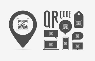 Wall Mural - qr code illustration vector set. qr code on map pin icon, various chat bubbles, and icons of smartph