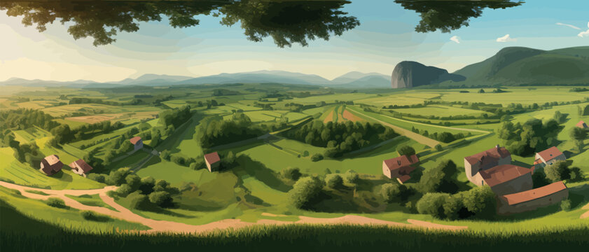 morning in a village house on a hill and lush grass. cartoon picture of rural scene in spring or sum