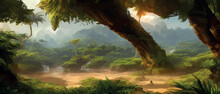 African Rainforest. African Jungle Rainforest Panorama With Tropical Vegetation, Exotic Fantasy Landscape Banner Vector Illustration. African Savannah