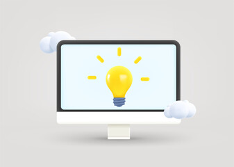 Poster - Computer monitor with lightbulb and blank screen. Inspiration concept. 3d vector illustration
