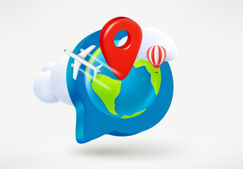 Poster - Speech cloud with map pin, Earth, jet, balloon and clouds. Travel concept. 3d vector illustration