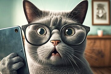 Wall Mural - greycat with glasses on face domestic animal taking a selfie, created with generative ai