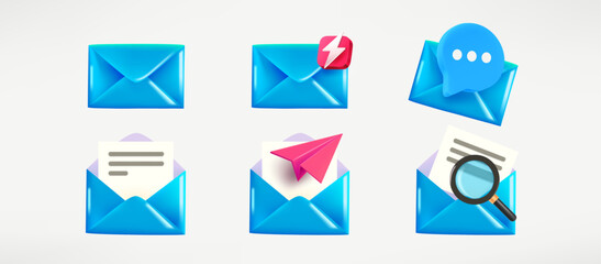 Poster - Different blue envelopes opened and closed. 3d vector clipart isolated on white background