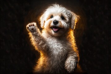 Wall Mural - funny fluffy dog pet portrait with raised paw on dark background, created with generative ai