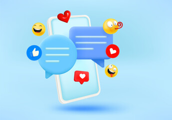 Poster - Social media concept with mobile phone and emoji. 3d vector illustration
