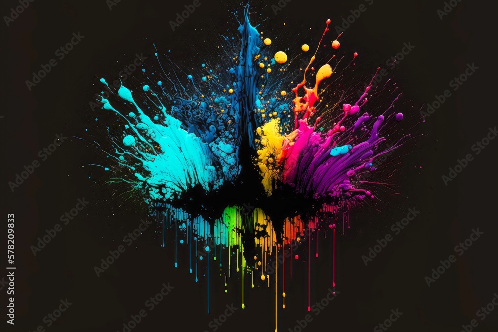 explosion of colorful paint on black background with splashes and drips ...