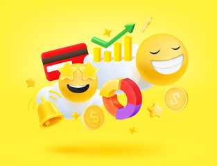 Poster - digital business concept with icons and emojis. 3d vector illustration