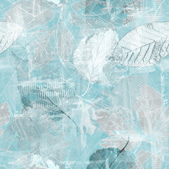 Wall Mural - Seamless monochrome floral pattern with leaves. Light gray-blue background.