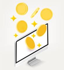 Poster - Modern computer with golden coins. 3d vector illustration isolated on white background