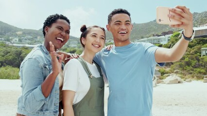 Wall Mural - Peace sign, selfie and smile with friends at beach for bonding, summer break and social media post. Happy, community and support with group of people in nature for picture, vacation and technology