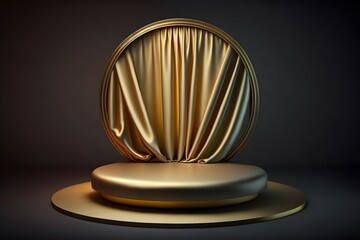Gold display platform, round product showcase with shiny silk satin fabric curtain background, 3d illustration for design, mockup, template