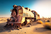 An Old Rusty Steam Locomotive Parked In The Desert. 