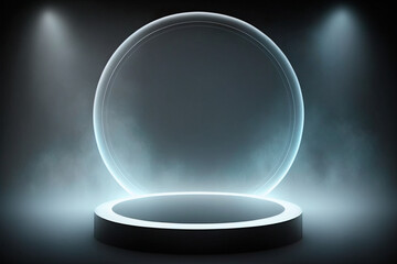 White neon display platform, round product showcase stage with smoky hazy mist background for mockup, template, design