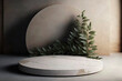 Round stone slab display platform, beige slate pedestal with circle and shadow branch leaves in background for mockup, product showcase, 3d illustration template	
