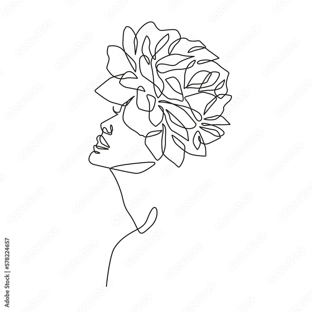 Woman Face with Flowers One Line Drawing. Female Head Minimalist Line ...