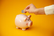 © Regisser.com - Close up, hand putting coins into the piggy bank.Man making savings. Financial planning concept.