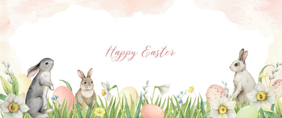 watercolor vector background banner with cute bunnies, easter eggs, flowers and grass.