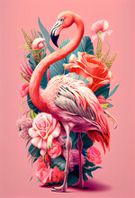 Exotic Summer Pink Animal, Flamingo Covered With Fresh Spring Flowers. Tropical Background. Abstract Animal Concept. Illustration, Generative AI.
